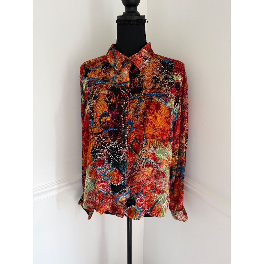 Chicos Silk Blend top sheer Abstract Print Crinkle Shirt Womens Size XL